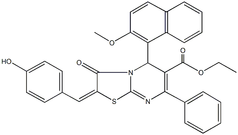 ethyl 2-(4-hydroxybenzylidene)-5-(2-methoxy-1-naphthyl)-3-oxo-7-phenyl-2,3-dihydro-5H-[1,3]thiazolo[3,2-a]pyrimidine-6-carboxylate 结构式