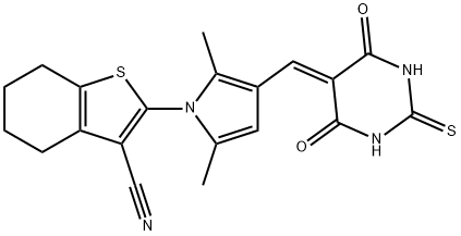 2-(3-{[4,6-dioxo-2-thioxotetrahydro-5(2H)-pyrimidinylidene]methyl}-2,5-dimethyl-1H-pyrrol-1-yl)-4,5,6,7-tetrahydro-1-benzothiophene-3-carbonitrile Structure