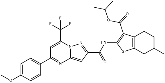 isopropyl 2-({[5-(4-methoxyphenyl)-7-(trifluoromethyl)pyrazolo[1,5-a]pyrimidin-2-yl]carbonyl}amino)-6-methyl-4,5,6,7-tetrahydro-1-benzothiophene-3-carboxylate Struktur