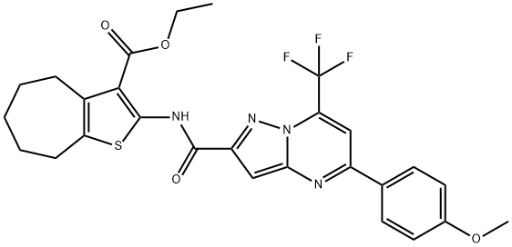 ethyl 2-({[5-(4-methoxyphenyl)-7-(trifluoromethyl)pyrazolo[1,5-a]pyrimidin-2-yl]carbonyl}amino)-5,6,7,8-tetrahydro-4H-cyclohepta[b]thiophene-3-carboxylate 化学構造式