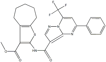 methyl 2-({[5-phenyl-7-(trifluoromethyl)pyrazolo[1,5-a]pyrimidin-3-yl]carbonyl}amino)-5,6,7,8-tetrahydro-4H-cyclohepta[b]thiophene-3-carboxylate 化学構造式