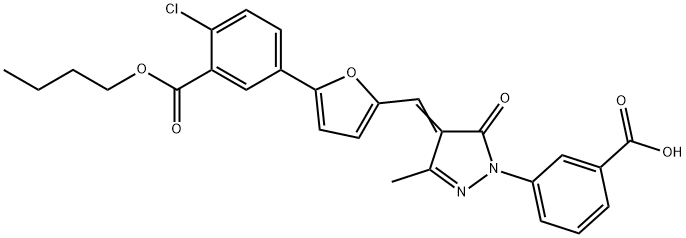 3-[4-({5-[3-(butoxycarbonyl)-4-chlorophenyl]-2-furyl}methylene)-3-methyl-5-oxo-4,5-dihydro-1H-pyrazol-1-yl]benzoic acid 化学構造式