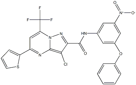3-chloro-N-{3-nitro-5-phenoxyphenyl}-5-(2-thienyl)-7-(trifluoromethyl)pyrazolo[1,5-a]pyrimidine-2-carboxamide,312708-22-8,结构式
