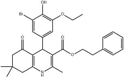 2-phenylethyl 4-(3-bromo-5-ethoxy-4-hydroxyphenyl)-2,7,7-trimethyl-5-oxo-1,4,5,6,7,8-hexahydro-3-quinolinecarboxylate,312723-35-6,结构式