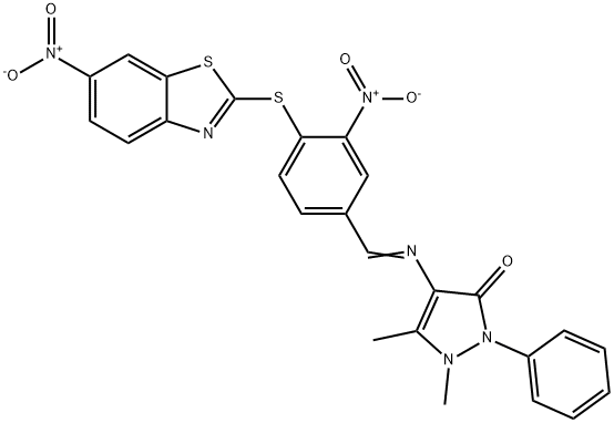 4-{[3-nitro-4-({6-nitro-1,3-benzothiazol-2-yl}sulfanyl)benzylidene]amino}-1,5-dimethyl-2-phenyl-1,2-dihydro-3H-pyrazol-3-one Structure