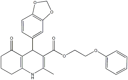 2-phenoxyethyl 4-(1,3-benzodioxol-5-yl)-2-methyl-5-oxo-1,4,5,6,7,8-hexahydro-3-quinolinecarboxylate Struktur