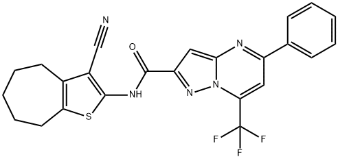 N-(3-cyano-5,6,7,8-tetrahydro-4H-cyclohepta[b]thien-2-yl)-5-phenyl-7-(trifluoromethyl)pyrazolo[1,5-a]pyrimidine-2-carboxamide Struktur