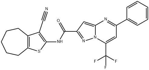 N-(3-cyano-5,6,7,8-tetrahydro-4H-cyclohepta[b]thien-2-yl)-5-phenyl-7-(trifluoromethyl)pyrazolo[1,5-a]pyrimidine-2-carboxamide 化学構造式