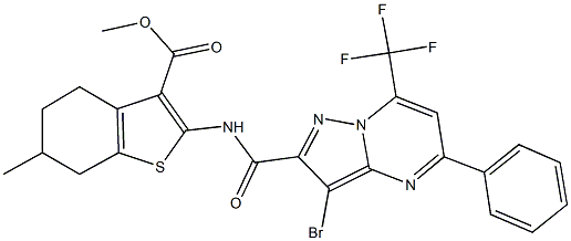 methyl 2-({[3-bromo-5-phenyl-7-(trifluoromethyl)pyrazolo[1,5-a]pyrimidin-2-yl]carbonyl}amino)-6-methyl-4,5,6,7-tetrahydro-1-benzothiophene-3-carboxylate,313248-39-4,结构式