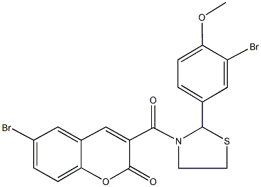 6-bromo-3-{[2-(3-bromo-4-methoxyphenyl)-1,3-thiazolidin-3-yl]carbonyl}-2H-chromen-2-one 结构式