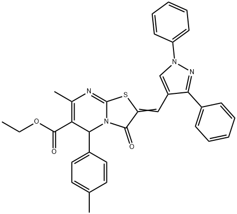 ethyl 2-[(1,3-diphenyl-1H-pyrazol-4-yl)methylene]-7-methyl-5-(4-methylphenyl)-3-oxo-2,3-dihydro-5H-[1,3]thiazolo[3,2-a]pyrimidine-6-carboxylate 化学構造式