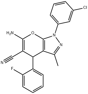 6-amino-1-(3-chlorophenyl)-4-(2-fluorophenyl)-3-methyl-1,4-dihydropyrano[2,3-c]pyrazole-5-carbonitrile Struktur