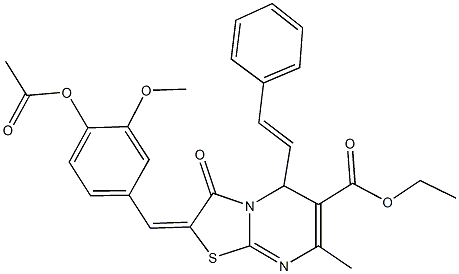 ethyl 2-[4-(acetyloxy)-3-methoxybenzylidene]-7-methyl-3-oxo-5-(2-phenylvinyl)-2,3-dihydro-5H-[1,3]thiazolo[3,2-a]pyrimidine-6-carboxylate Struktur