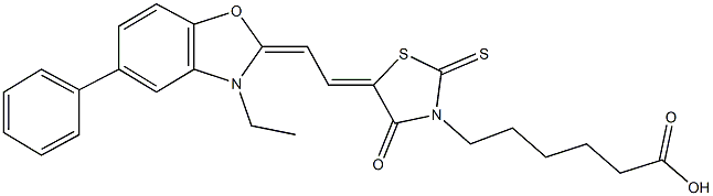 6-{5-[2-(3-ethyl-5-phenyl-1,3-benzoxazol-2(3H)-ylidene)ethylidene]-4-oxo-2-thioxo-1,3-thiazolidin-3-yl}hexanoic acid Structure