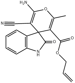 allyl 6-amino-5-cyano-1',3'-dihydro-2-methyl-2'-oxospiro[4H-pyran-4,3'-(2'H)-indole]-3-carboxylate 化学構造式
