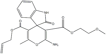 5'-allyl 3'-(2-methoxyethyl) 2'-amino-1,3-dihydro-6'-methyl-2-oxospiro[2H-indole-3,4'-(4'H)-pyran]-3',5'-dicarboxylate 化学構造式