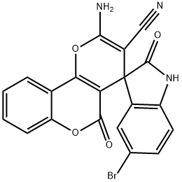 2-amino-5'-bromo-3-cyano-1',3'-dihydro-5-oxospiro[4H,5H-pyrano[3,2-c]chromene-4,3'-(2'H)-indol-2'-one] Structure