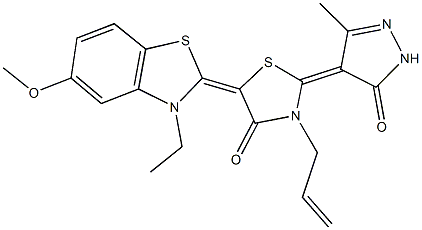 3-allyl-5-(3-ethyl-5-methoxy-1,3-benzothiazol-2(3H)-ylidene)-2-(3-methyl-5-oxo-1,5-dihydro-4H-pyrazol-4-ylidene)-1,3-thiazolidin-4-one Struktur