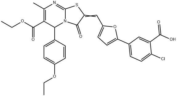 2-chloro-5-{5-[(6-(ethoxycarbonyl)-5-(4-ethoxyphenyl)-7-methyl-3-oxo-5H-[1,3]thiazolo[3,2-a]pyrimidin-2(3H)-ylidene)methyl]-2-furyl}benzoic acid Structure