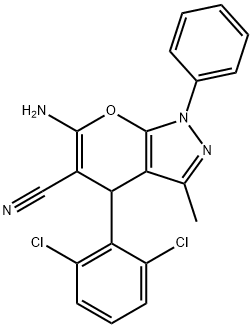 6-amino-4-(2,6-dichlorophenyl)-3-methyl-1-phenyl-1,4-dihydropyrano[2,3-c]pyrazole-5-carbonitrile Struktur