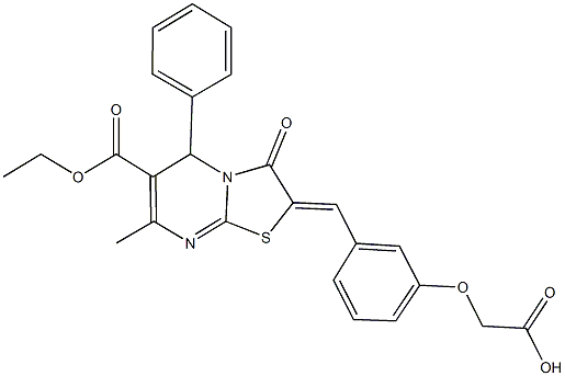 {3-[(6-(ethoxycarbonyl)-7-methyl-3-oxo-5-phenyl-5H-[1,3]thiazolo[3,2-a]pyrimidin-2(3H)-ylidene)methyl]phenoxy}acetic acid Structure