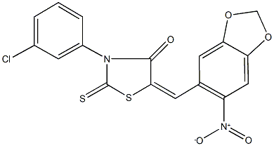 3-(3-chlorophenyl)-5-({6-nitro-1,3-benzodioxol-5-yl}methylene)-2-thioxo-1,3-thiazolidin-4-one,313964-55-5,结构式