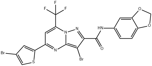 N-(1,3-benzodioxol-5-yl)-3-bromo-5-(4-bromo-2-thienyl)-7-(trifluoromethyl)pyrazolo[1,5-a]pyrimidine-2-carboxamide 结构式