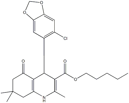 pentyl 4-(6-chloro-1,3-benzodioxol-5-yl)-2,7,7-trimethyl-5-oxo-1,4,5,6,7,8-hexahydroquinoline-3-carboxylate 化学構造式