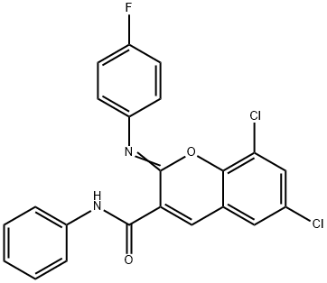 6,8-dichloro-2-[(4-fluorophenyl)imino]-N-phenyl-2H-chromene-3-carboxamide Structure