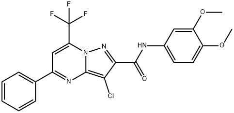 3-chloro-N-(3,4-dimethoxyphenyl)-5-phenyl-7-(trifluoromethyl)pyrazolo[1,5-a]pyrimidine-2-carboxamide 结构式