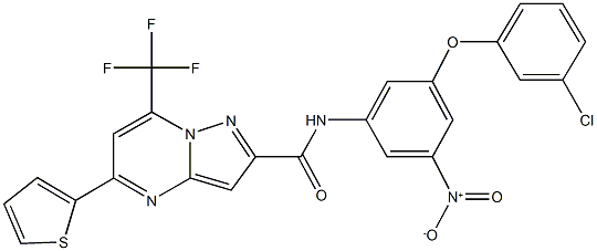 N-{3-(3-chlorophenoxy)-5-nitrophenyl}-5-(2-thienyl)-7-(trifluoromethyl)pyrazolo[1,5-a]pyrimidine-2-carboxamide 化学構造式