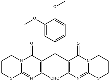7-[(3,4-dimethoxyphenyl)(8-hydroxy-6-oxo-3,4-dihydro-2H,6H-pyrimido[2,1-b][1,3]thiazin-7-yl)methyl]-8-hydroxy-3,4-dihydro-2H,6H-pyrimido[2,1-b][1,3]thiazin-6-one 化学構造式