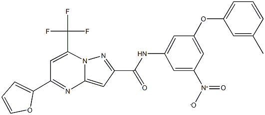 5-(2-furyl)-N-[3-nitro-5-(3-methylphenoxy)phenyl]-7-(trifluoromethyl)pyrazolo[1,5-a]pyrimidine-2-carboxamide 化学構造式