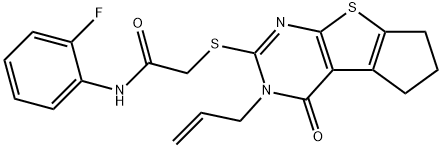2-[(3-allyl-4-oxo-3,5,6,7-tetrahydro-4H-cyclopenta[4,5]thieno[2,3-d]pyrimidin-2-yl)sulfanyl]-N-(2-fluorophenyl)acetamide 化学構造式