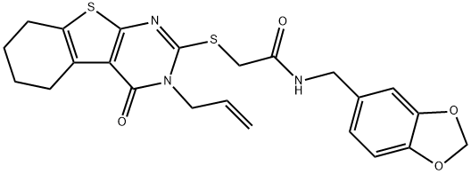 2-[(3-allyl-4-oxo-3,4,5,6,7,8-hexahydro[1]benzothieno[2,3-d]pyrimidin-2-yl)sulfanyl]-N-(1,3-benzodioxol-5-ylmethyl)acetamide 结构式