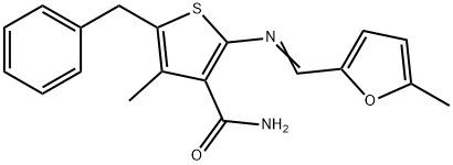 5-benzyl-4-methyl-2-{[(5-methyl-2-furyl)methylene]amino}-3-thiophenecarboxamide Struktur