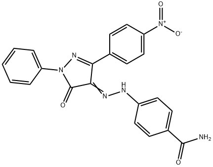 4-[2-(3-{4-nitrophenyl}-5-oxo-1-phenyl-1,5-dihydro-4H-pyrazol-4-ylidene)hydrazino]benzamide Struktur