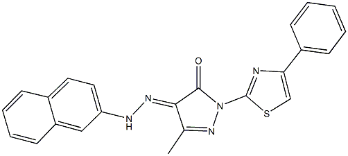 3-methyl-1-(4-phenyl-1,3-thiazol-2-yl)-1H-pyrazole-4,5-dione 4-(2-naphthylhydrazone) Structure