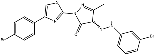 1-[4-(4-bromophenyl)-1,3-thiazol-2-yl]-3-methyl-1H-pyrazole-4,5-dione 4-[(3-bromophenyl)hydrazone] 化学構造式