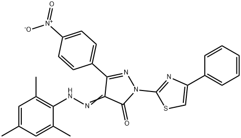 3-{4-nitrophenyl}-1-(4-phenyl-1,3-thiazol-2-yl)-1H-pyrazole-4,5-dione 4-(mesitylhydrazone) Structure