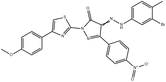 3-{4-nitrophenyl}-1-[4-(4-methoxyphenyl)-1,3-thiazol-2-yl]-1H-pyrazole-4,5-dione 4-[(3-bromo-4-methylphenyl)hydrazone] Structure