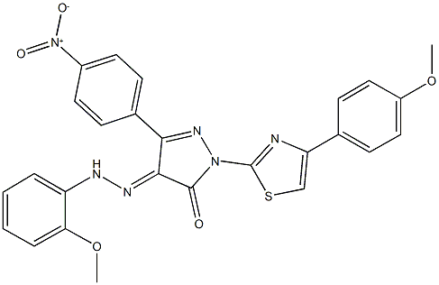 3-{4-nitrophenyl}-1-[4-(4-methoxyphenyl)-1,3-thiazol-2-yl]-1H-pyrazole-4,5-dione 4-[(2-methoxyphenyl)hydrazone] Structure