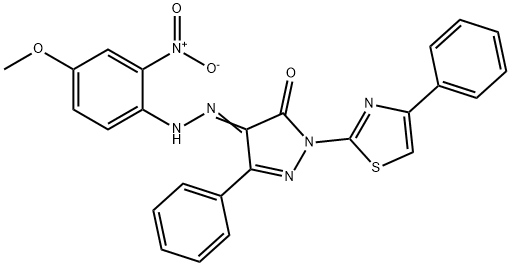 3-phenyl-1-(4-phenyl-1,3-thiazol-2-yl)-1H-pyrazole-4,5-dione 4-({2-nitro-4-methoxyphenyl}hydrazone) 化学構造式