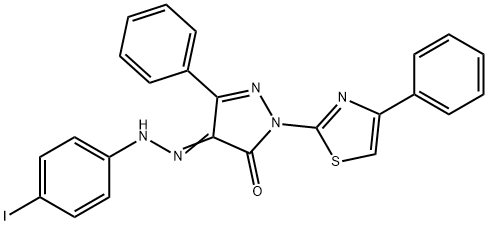 3-phenyl-1-(4-phenyl-1,3-thiazol-2-yl)-1H-pyrazole-4,5-dione 4-[(4-iodophenyl)hydrazone] 化学構造式