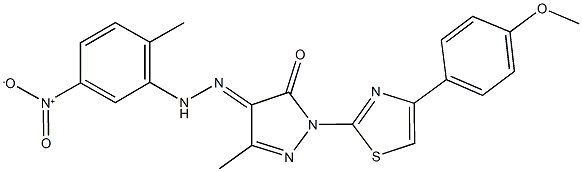 1-[4-(4-methoxyphenyl)-1,3-thiazol-2-yl]-3-methyl-1H-pyrazole-4,5-dione 4-({5-nitro-2-methylphenyl}hydrazone) 化学構造式