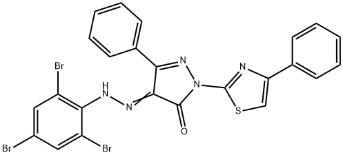 3-phenyl-1-(4-phenyl-1,3-thiazol-2-yl)-1H-pyrazole-4,5-dione 4-[(2,4,6-tribromophenyl)hydrazone] 化学構造式