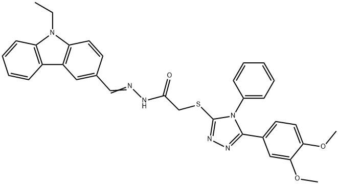 2-{[5-(3,4-dimethoxyphenyl)-4-phenyl-4H-1,2,4-triazol-3-yl]sulfanyl}-N'-[(9-ethyl-9H-carbazol-3-yl)methylene]acetohydrazide 结构式
