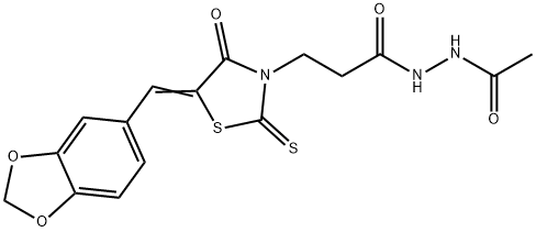 N'-acetyl-3-[5-(1,3-benzodioxol-5-ylmethylene)-4-oxo-2-thioxo-1,3-thiazolidin-3-yl]propanohydrazide 结构式