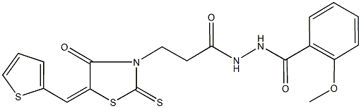 2-methoxy-N'-{3-[4-oxo-5-(2-thienylmethylene)-2-thioxo-1,3-thiazolidin-3-yl]propanoyl}benzohydrazide Struktur