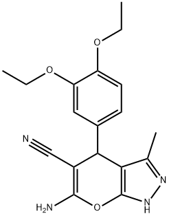 6-amino-4-(3,4-diethoxyphenyl)-3-methyl-1,4-dihydropyrano[2,3-c]pyrazole-5-carbonitrile 结构式